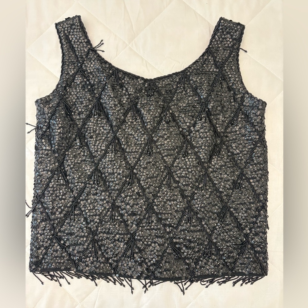 Vintage Black Beaded Sequin Top Fringe Hem Hong Kong Evening Tank Art Deco Glam